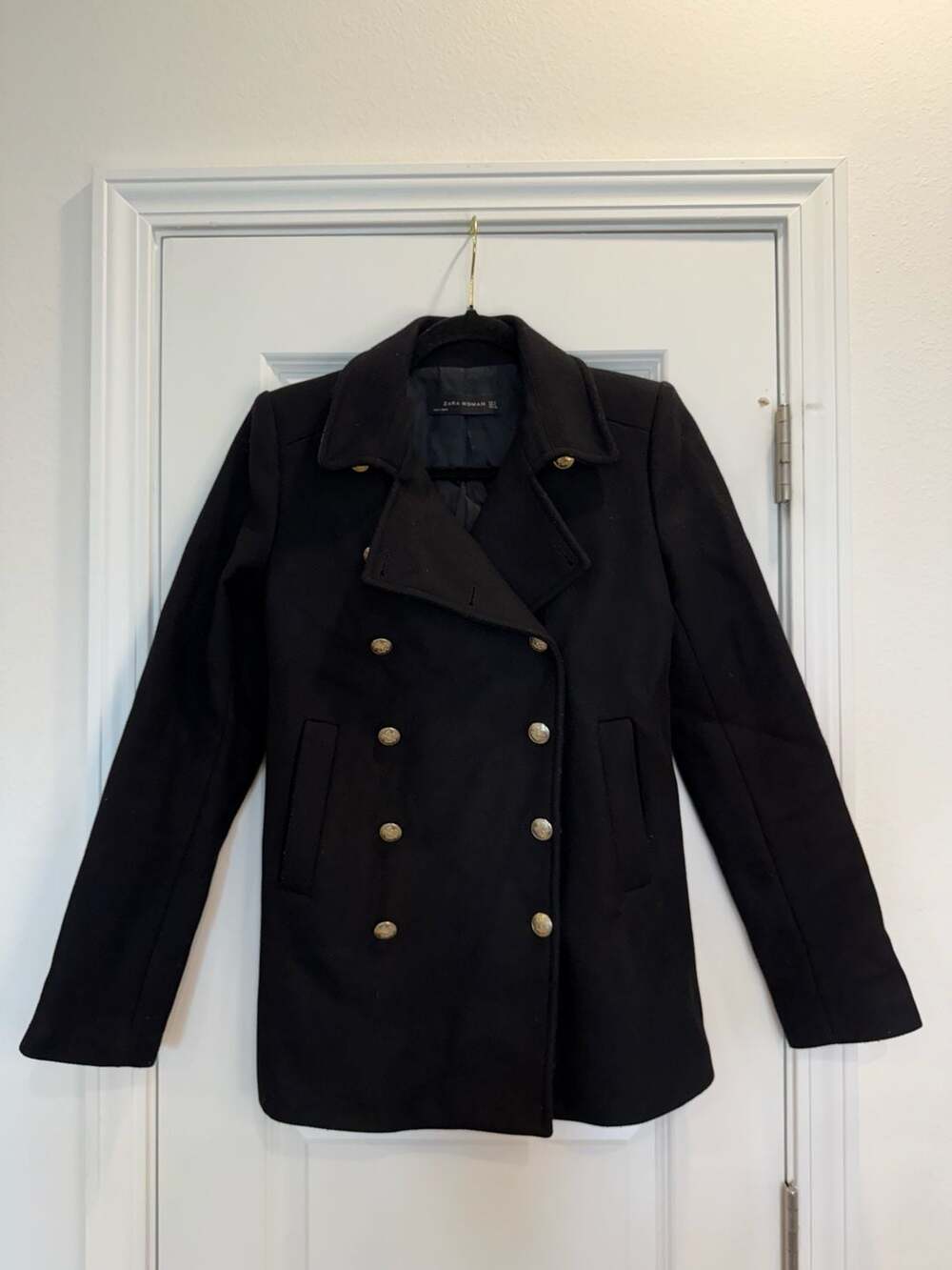 Zara Woman Black Wool Blend Double Breasted Pea Coat With Gold Buttons S